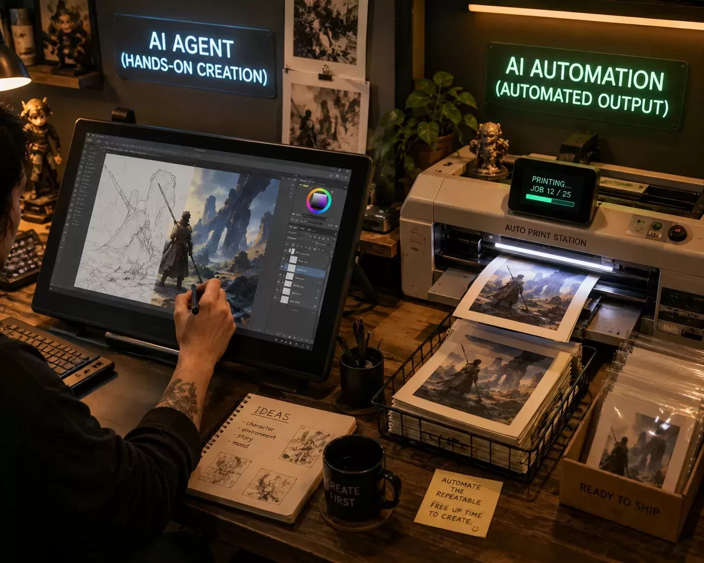 Illustration comparing AI agents and AI automation workflows for creators