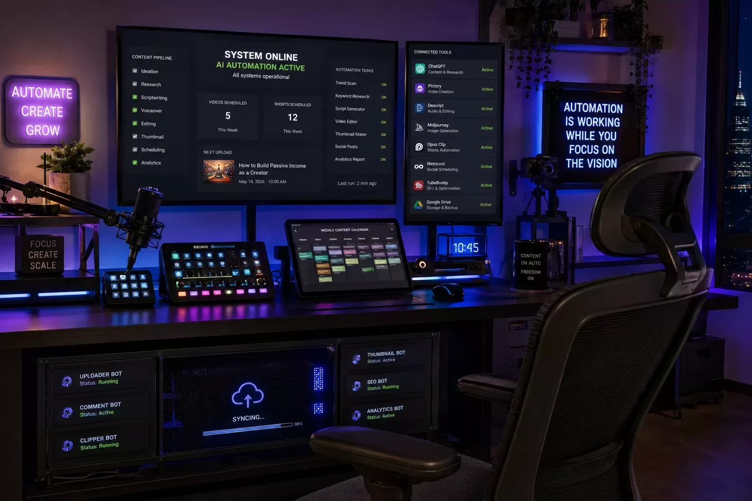 A content creator's desk with automated content workflow tools running in the background
