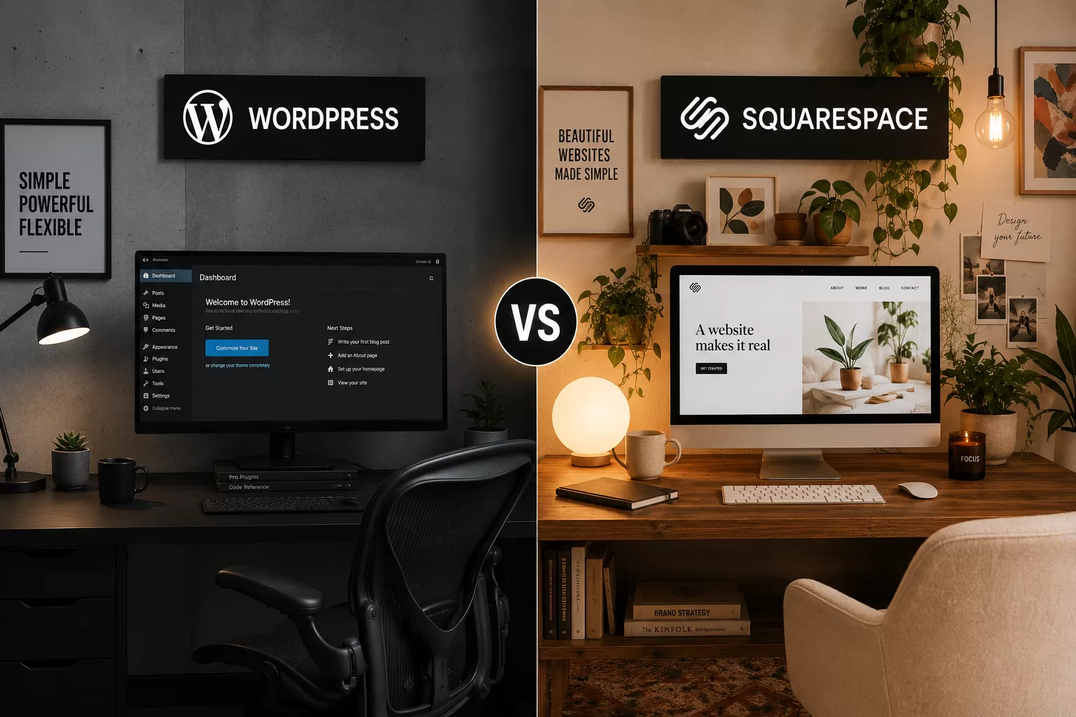 Two website builder interfaces compared side by side on laptops