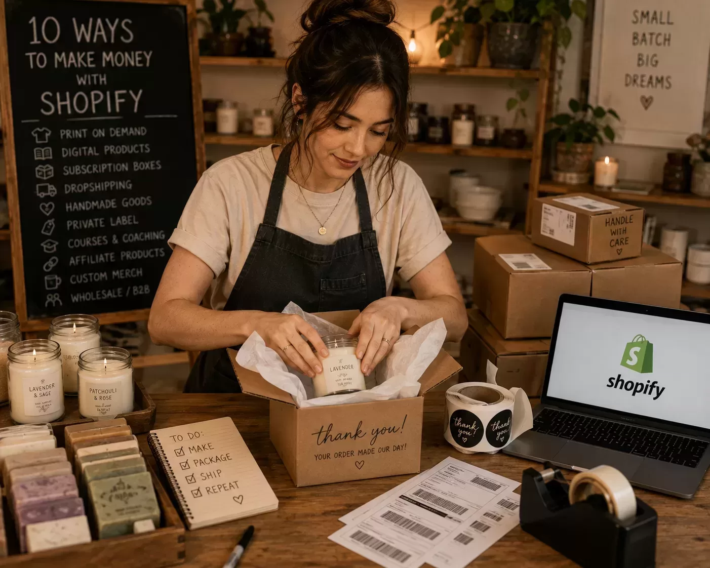 10 Ways to Make Money With Shopify Small business owner packing handmade products to ship from an online Shopify store