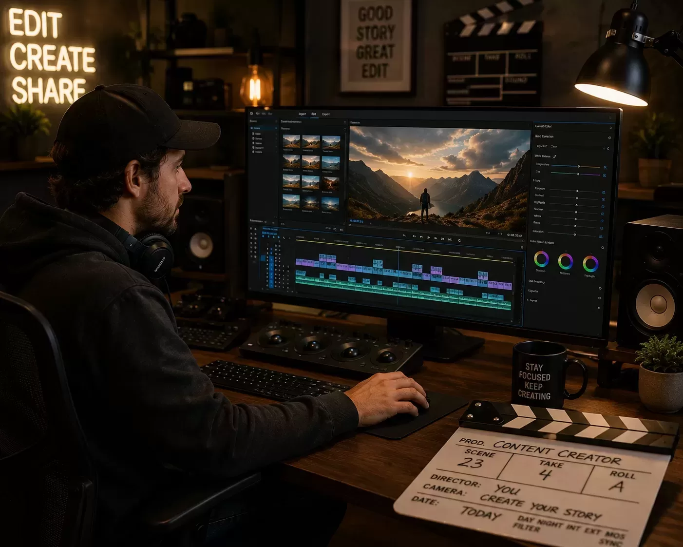 Video editor working on footage in an editing timeline for content creation