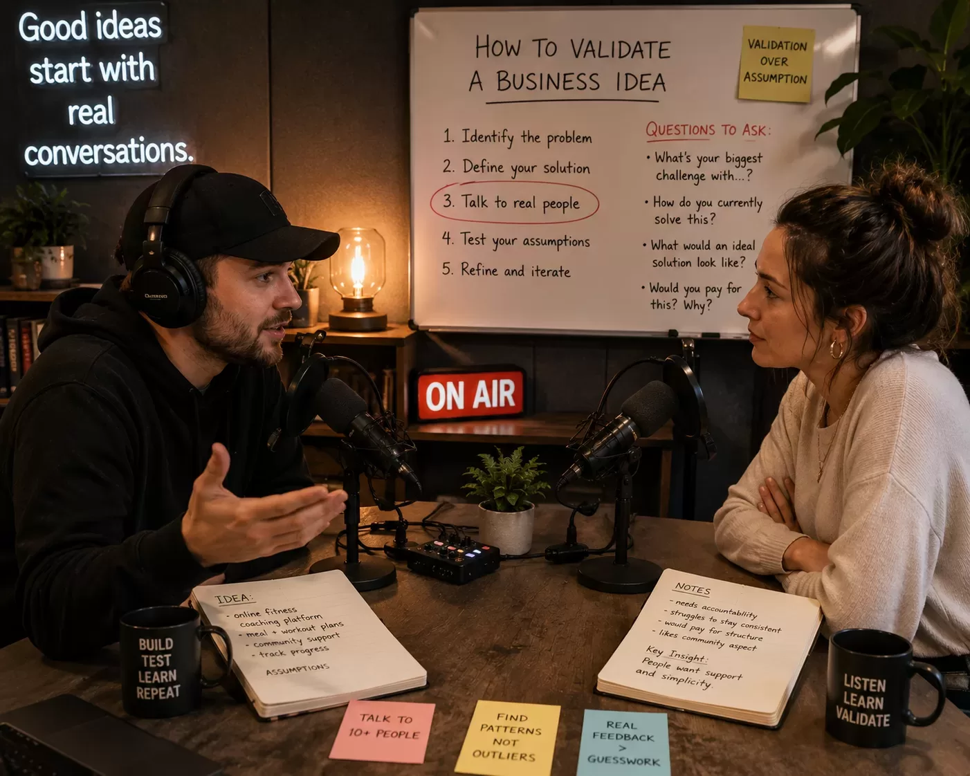 Two people in conversation validating a new business idea over coffee